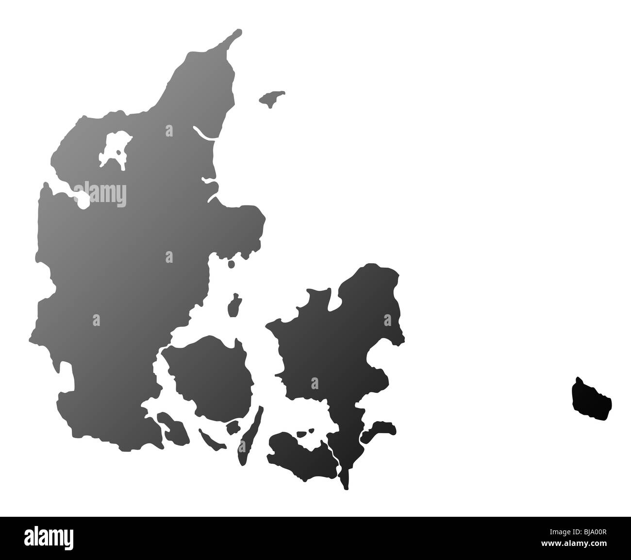 Silhouetted map of Denmark, isolated on white background. Stock Photo