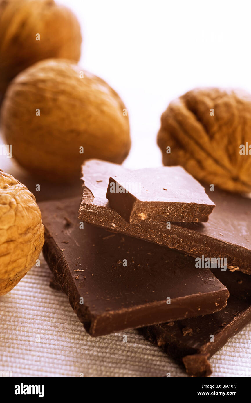 chocolate and nuts in close up Stock Photo