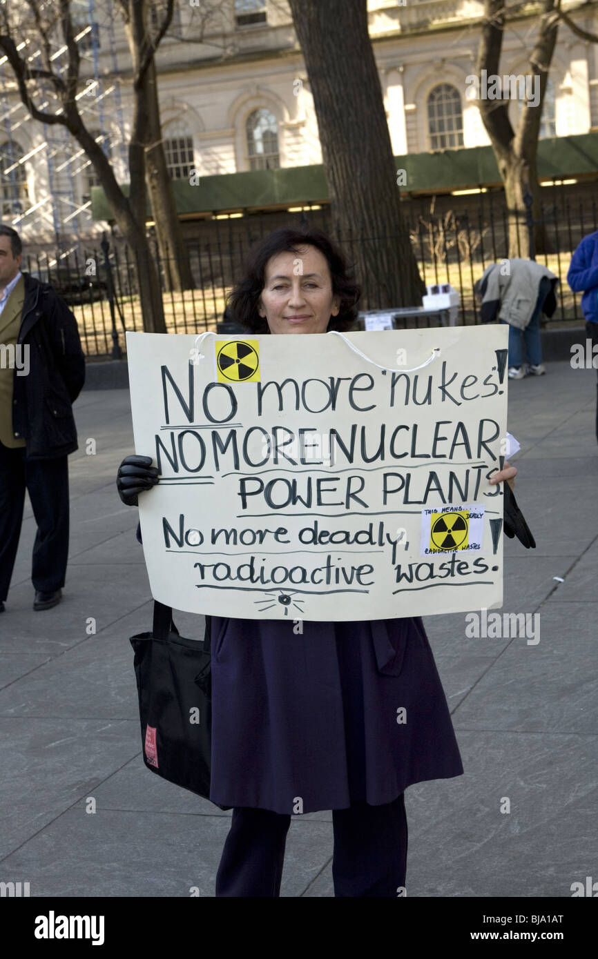 Antinuclear activist reminding us about the dangers of radioactivity and radiation. New York City Stock Photo