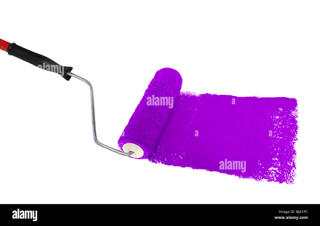 Roller with purple paint over white background Stock Photo