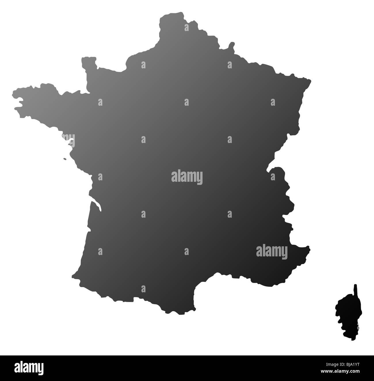 Silhouetted map of France isolated on white background. Stock Photo
