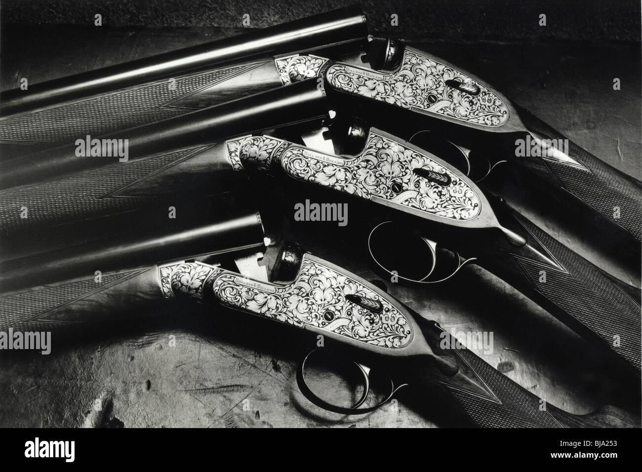 Valuable antique Holland and Holland gun stocks at an auction sale of sporting goods Stock Photo