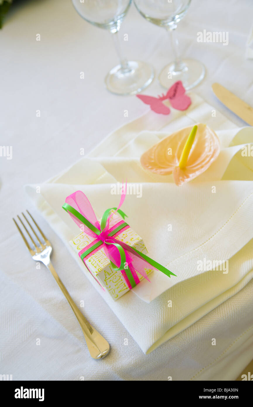 wedding dinner table ornaments and setting Stock Photo