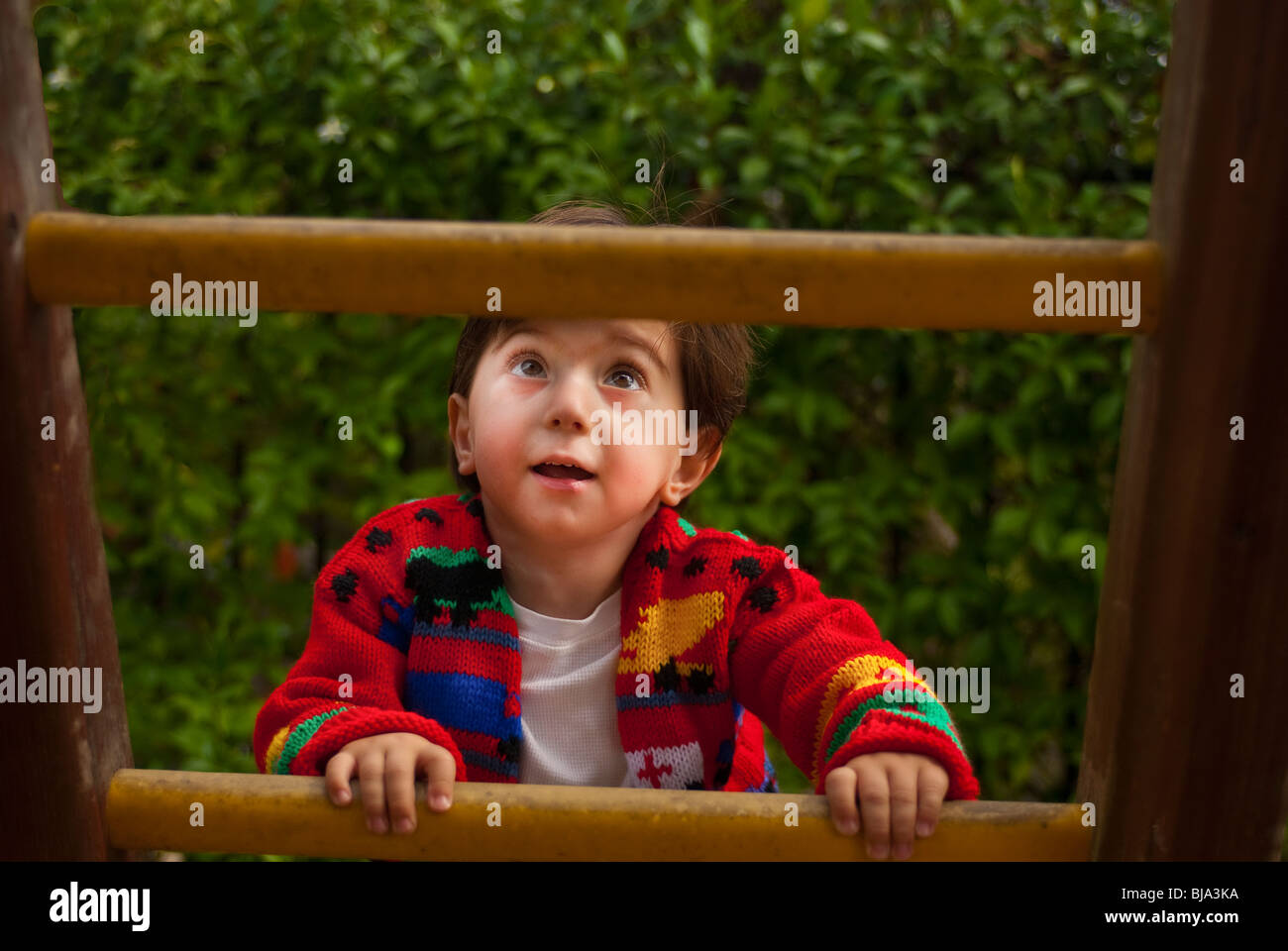 young boy climbing a ladder looking ahead Stock Photo