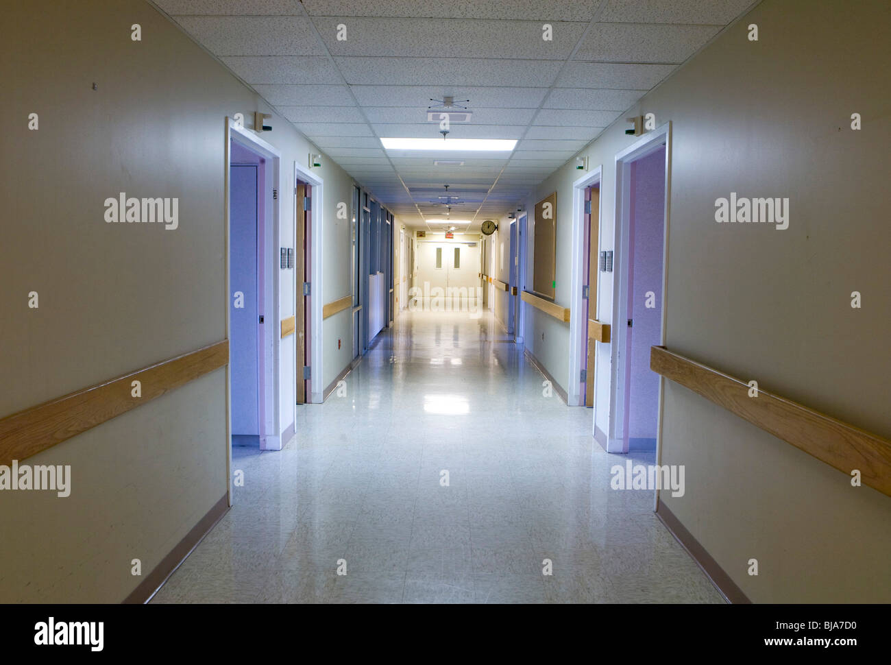 A recently closed hospital in the USA with signage and medical equipment. Stock Photo