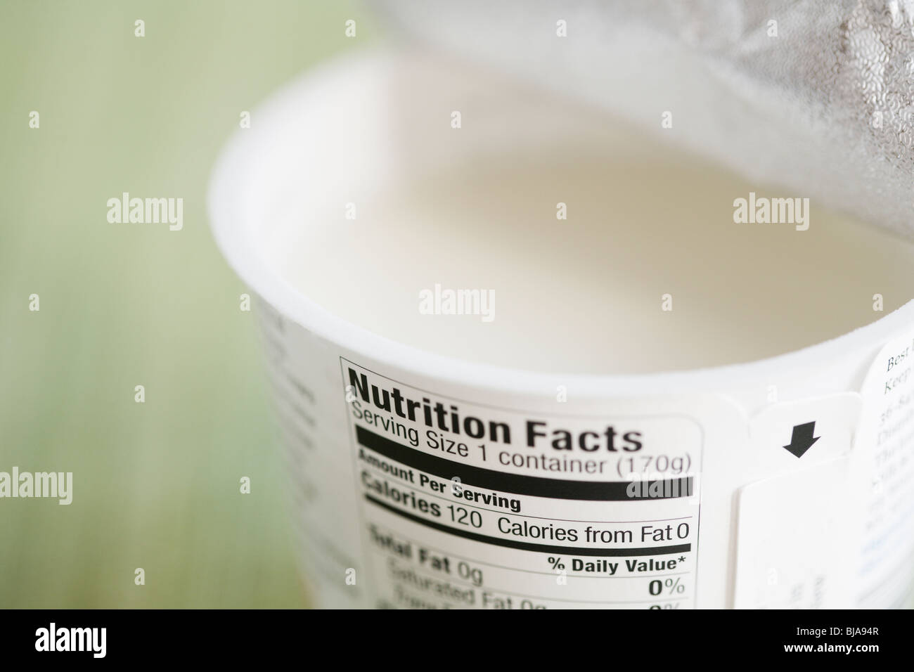 Nutrition information on yogurt container Stock Photo