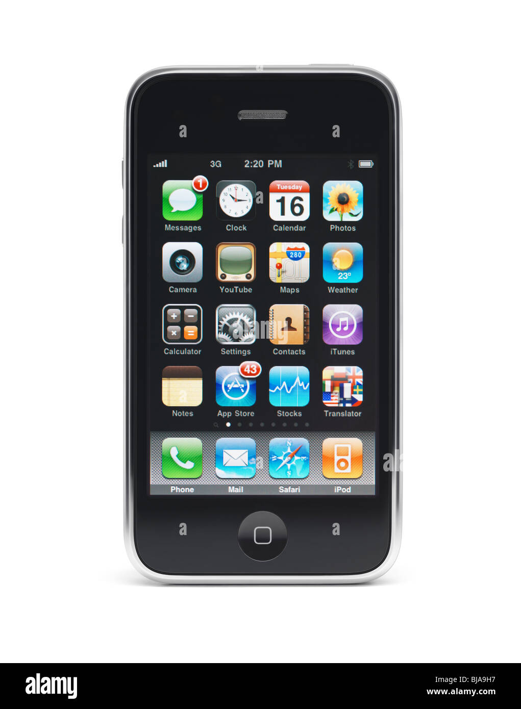 Apple iPhone 3Gs 3G smartphone with apps displayed on the screen isolated with clipping path on white background Stock Photo