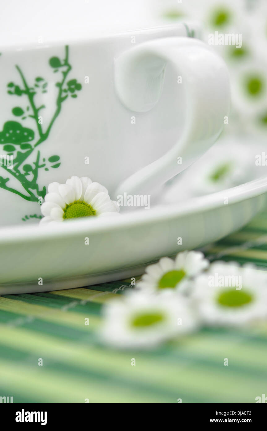 Tea cup and tiny white daisies Stock Photo