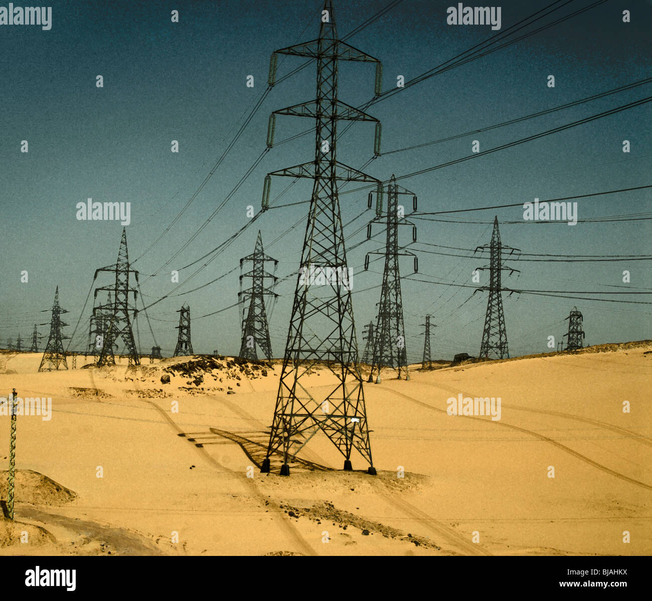 Power transmission lines Aswan Egypt Stock Photo