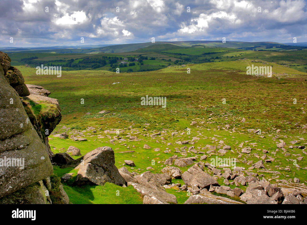 Summer Landscape view Haytor Down Rock Formation Dartmoor National Park Devon England Stock Photo