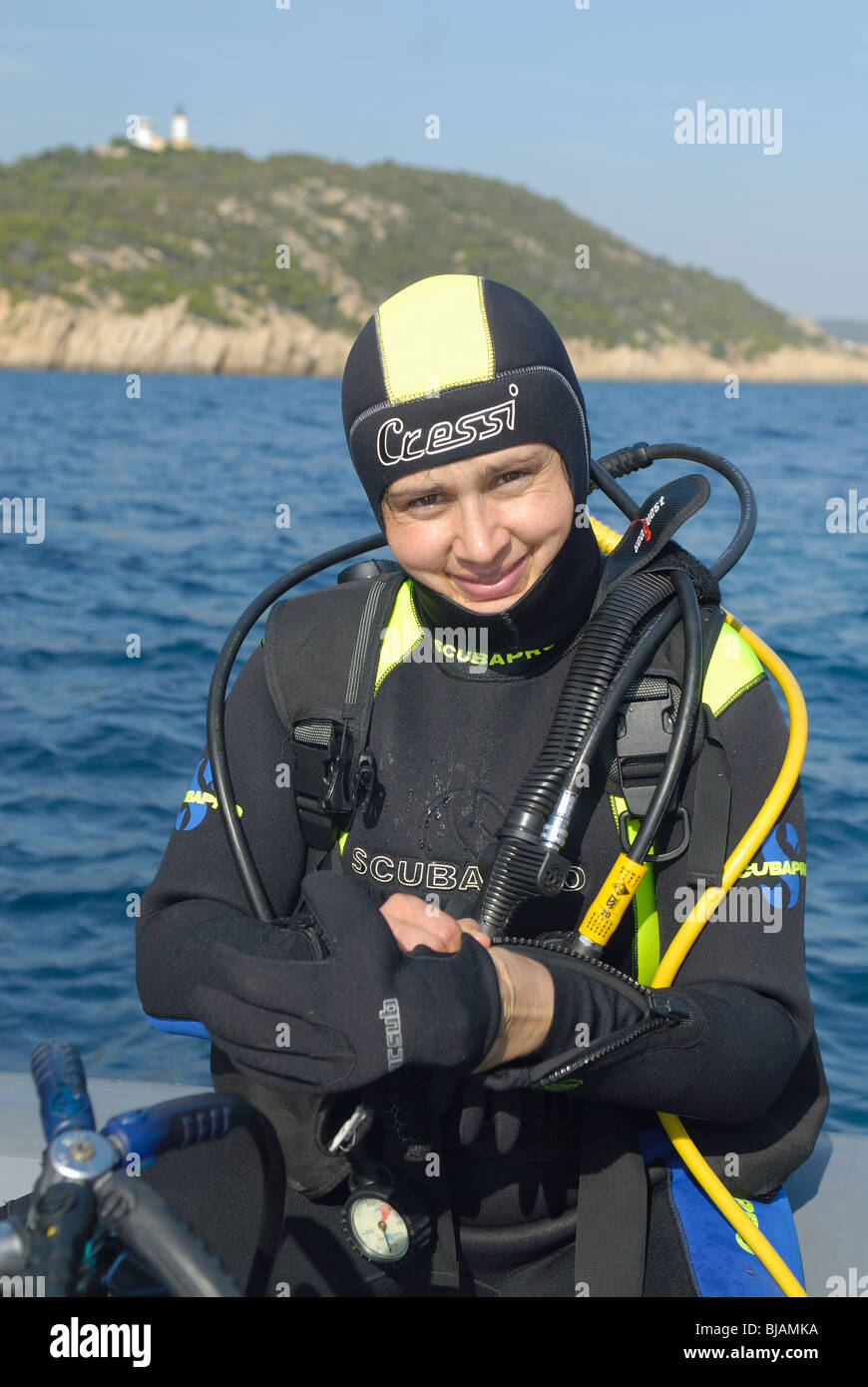 One diver ready to dive in the Mediterranean Sea Stock Photo