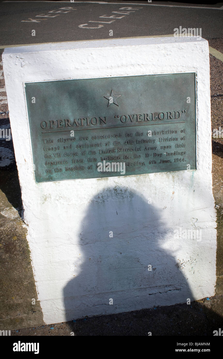 A plaque on a Slipway in Brixham to Operation "Overlord" and the American 4th infantry division. Stock Photo