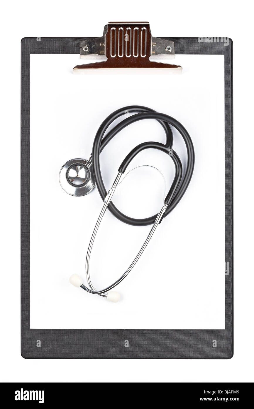 Medical clipboard with stethoscope isolated on a white background Stock ...