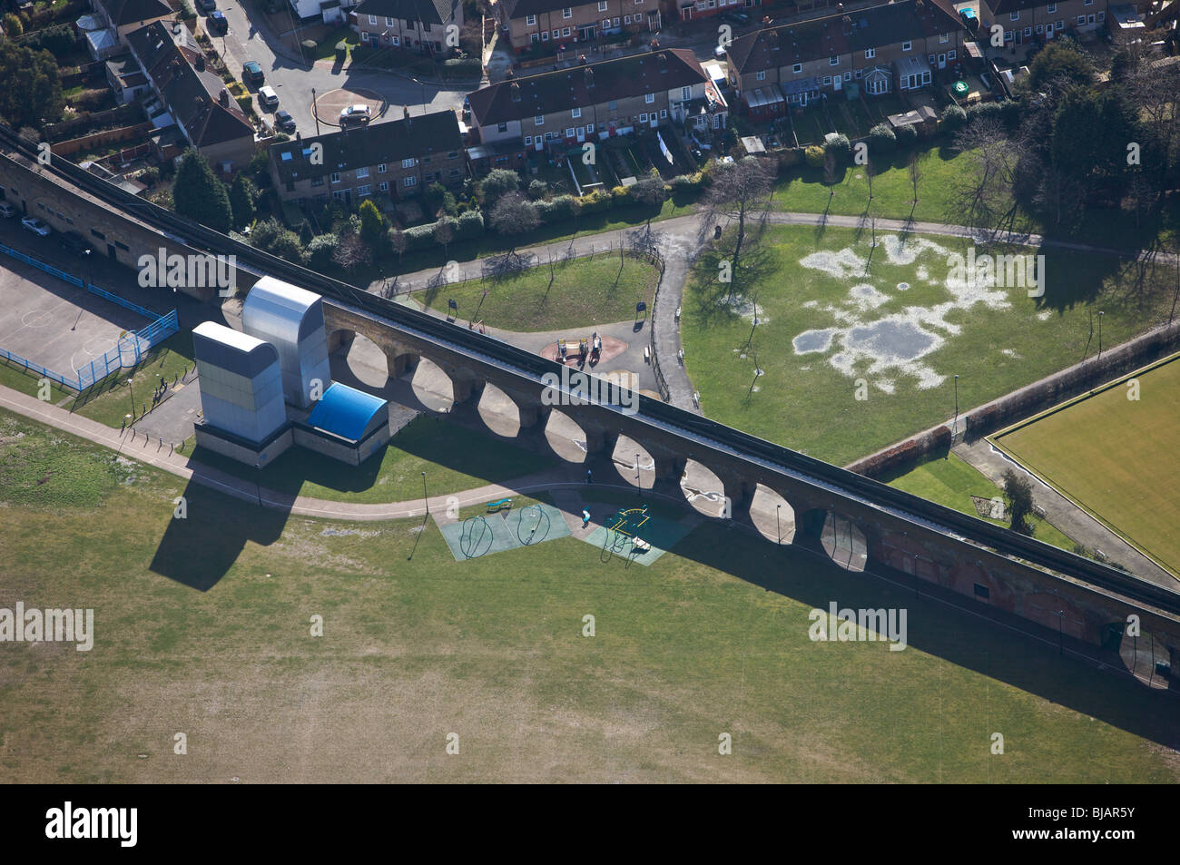 Aerial view of a viaduct on the Isle of Dogs, the Dockland light railway. Stock Photo