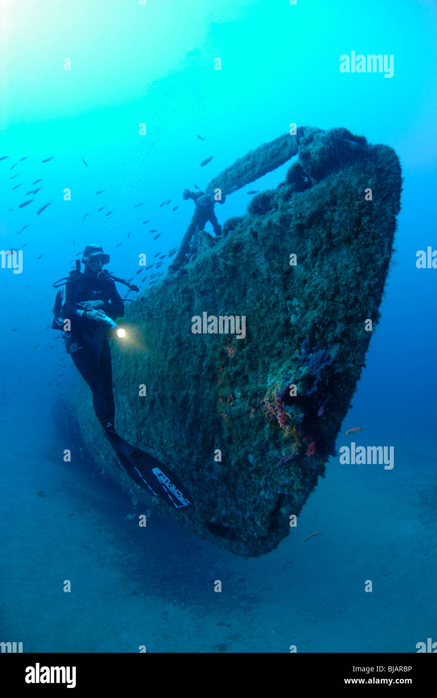 Diver exploring the Rubis wreck in the Mediterranean Sea Stock Photo