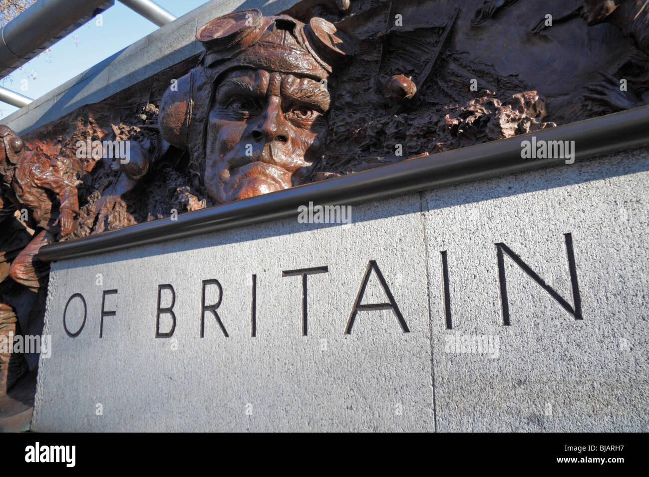 Close up view of  a figure in the Battle of Britain Memorial, on the banks of the River Thames, London, UK. Stock Photo