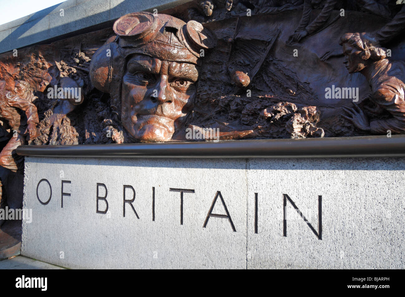 Close up view of  a figure in the Battle of Britain Memorial, on the banks of the River Thames, London, UK. Stock Photo