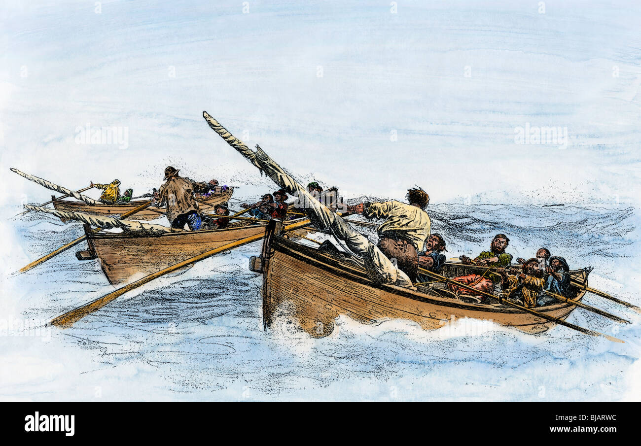 Whaleboats racing to harpoon a whale. Hand-colored woodcut Stock Photo