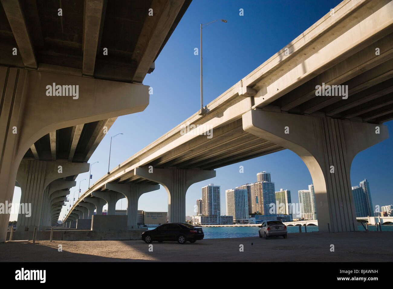 Miami skyline seen from underneath MacArthur Causeway, Florida, USA Stock Photo