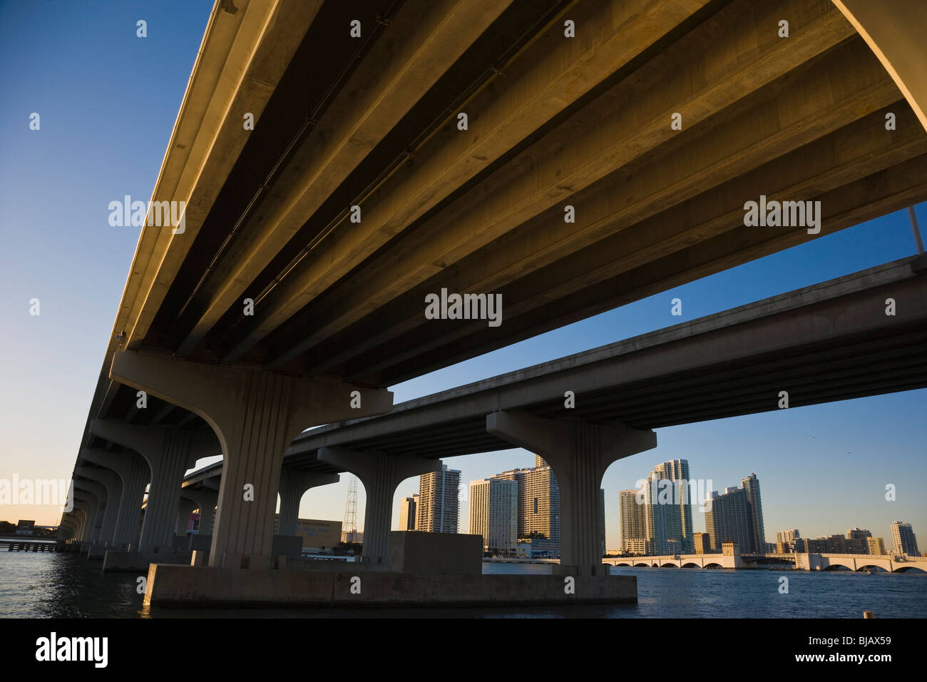 Miami skyline seen from underneath MacArthur Causeway, Florida, USA Stock Photo