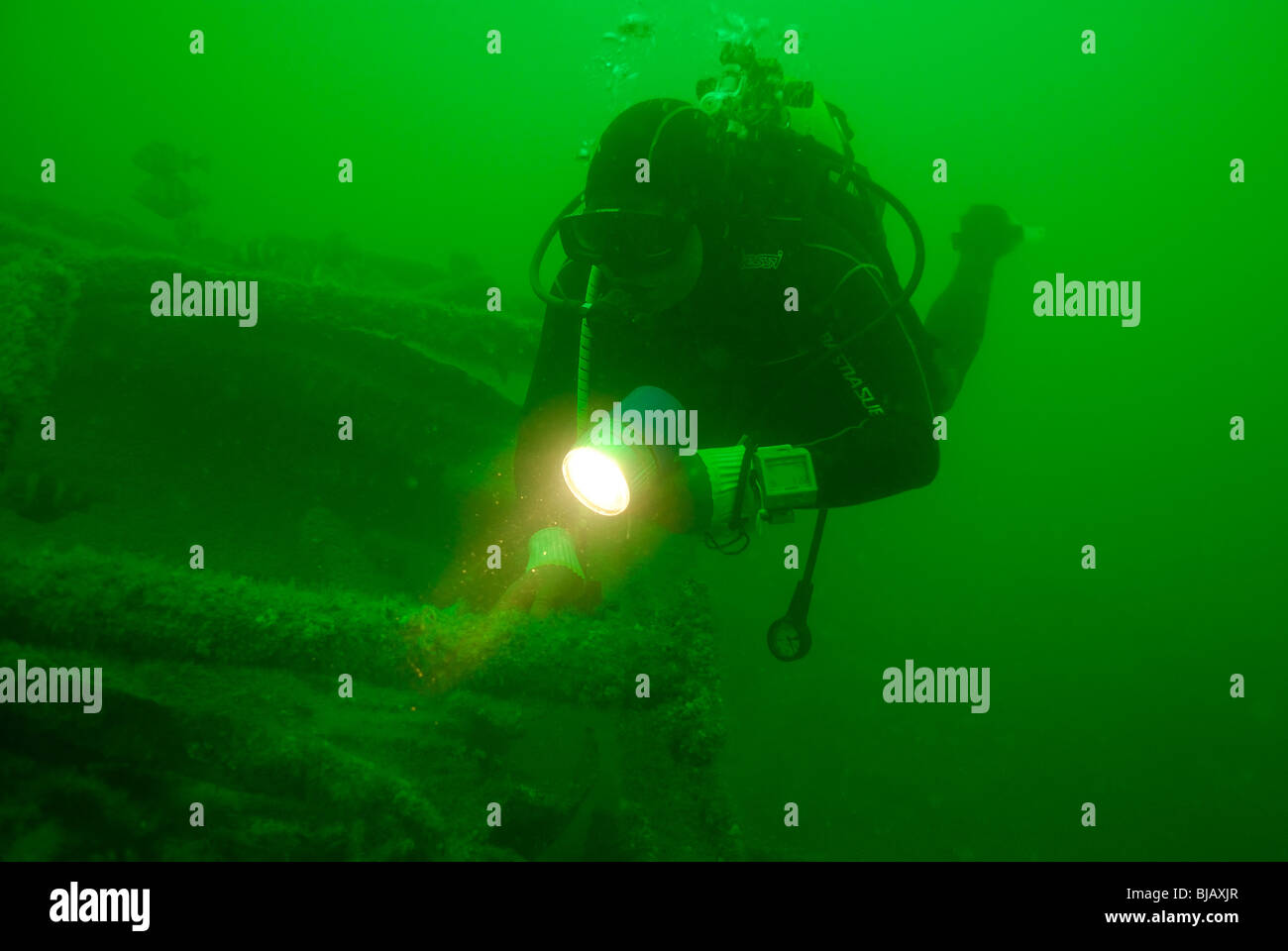 Diver exploring the wreck of Amsterdam in Normandy, France Stock Photo