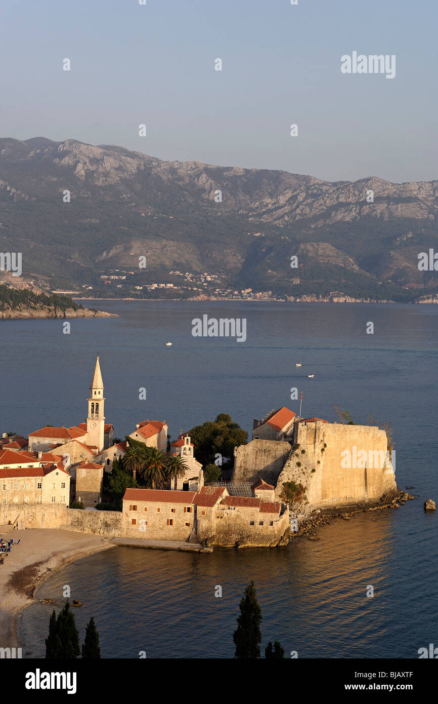 Budva,old town peninsula,Cathedral of St John,Bell tower,fortification walls,Adriatic coast,Montenegro Stock Photo