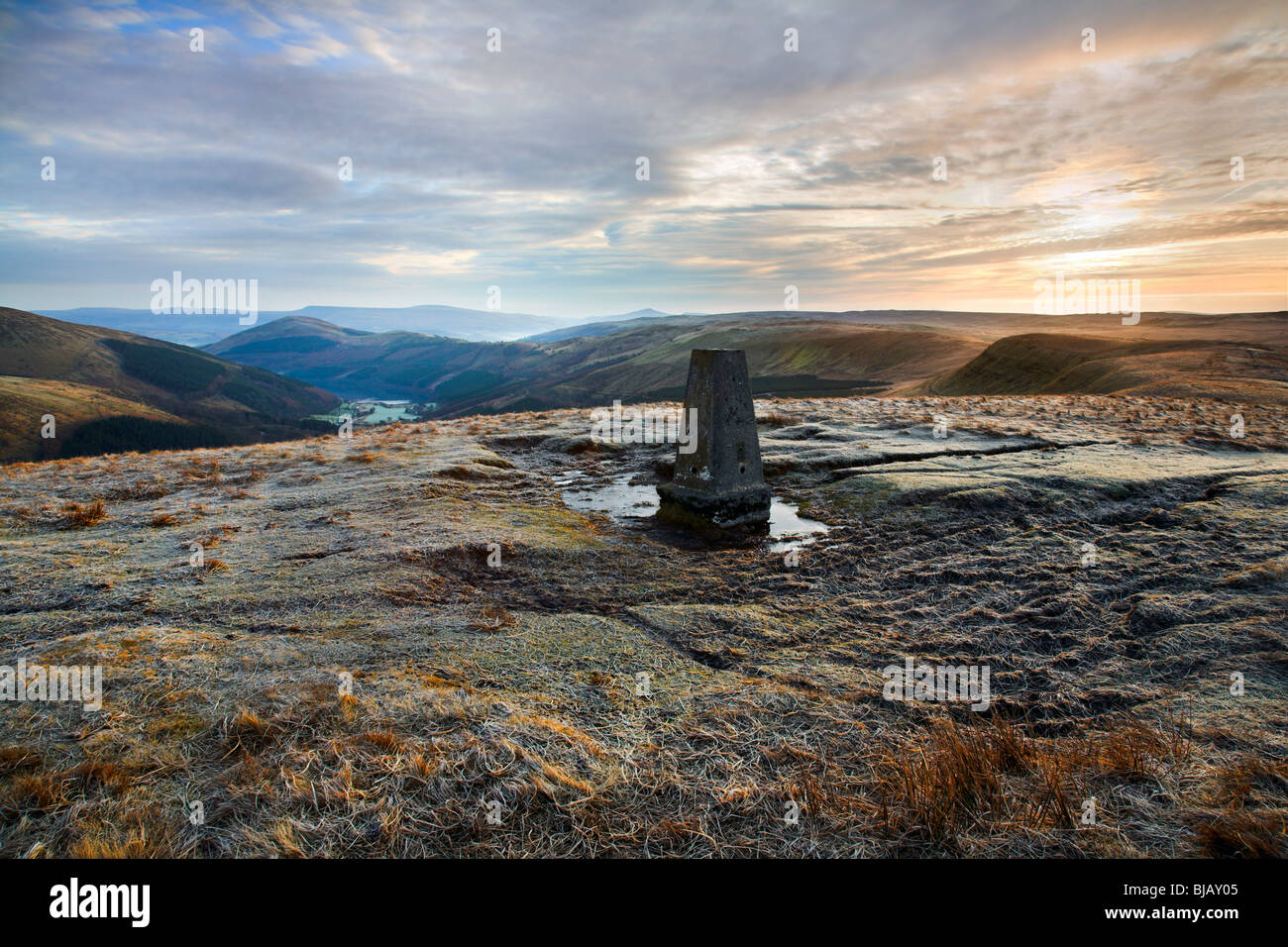 Trig point at the top of Pant y Creigiau mountain in the Brecon Beacons National Park. Stock Photo