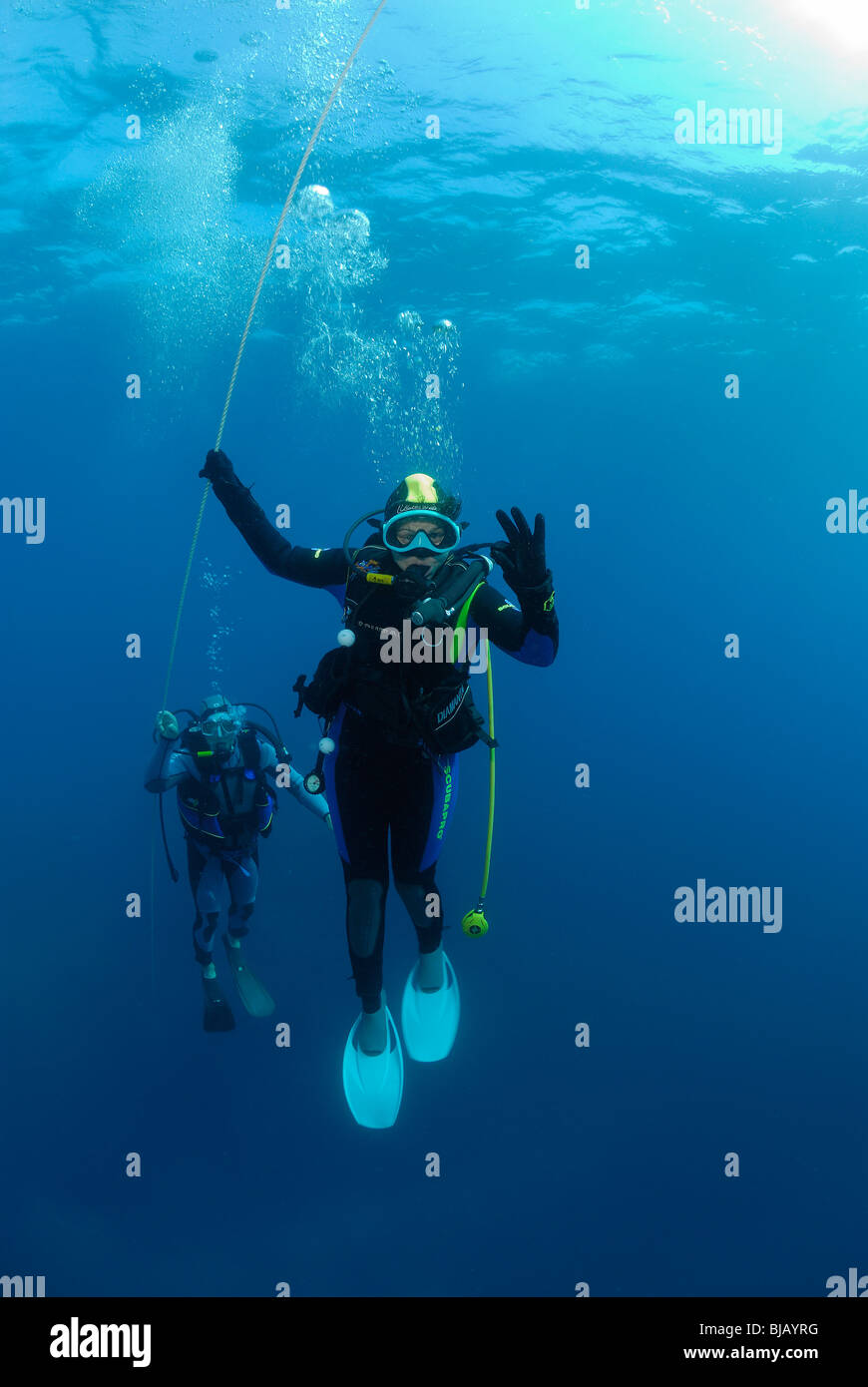 Two divers at the safety stop in the Mediterranean Sea Stock Photo Alamy