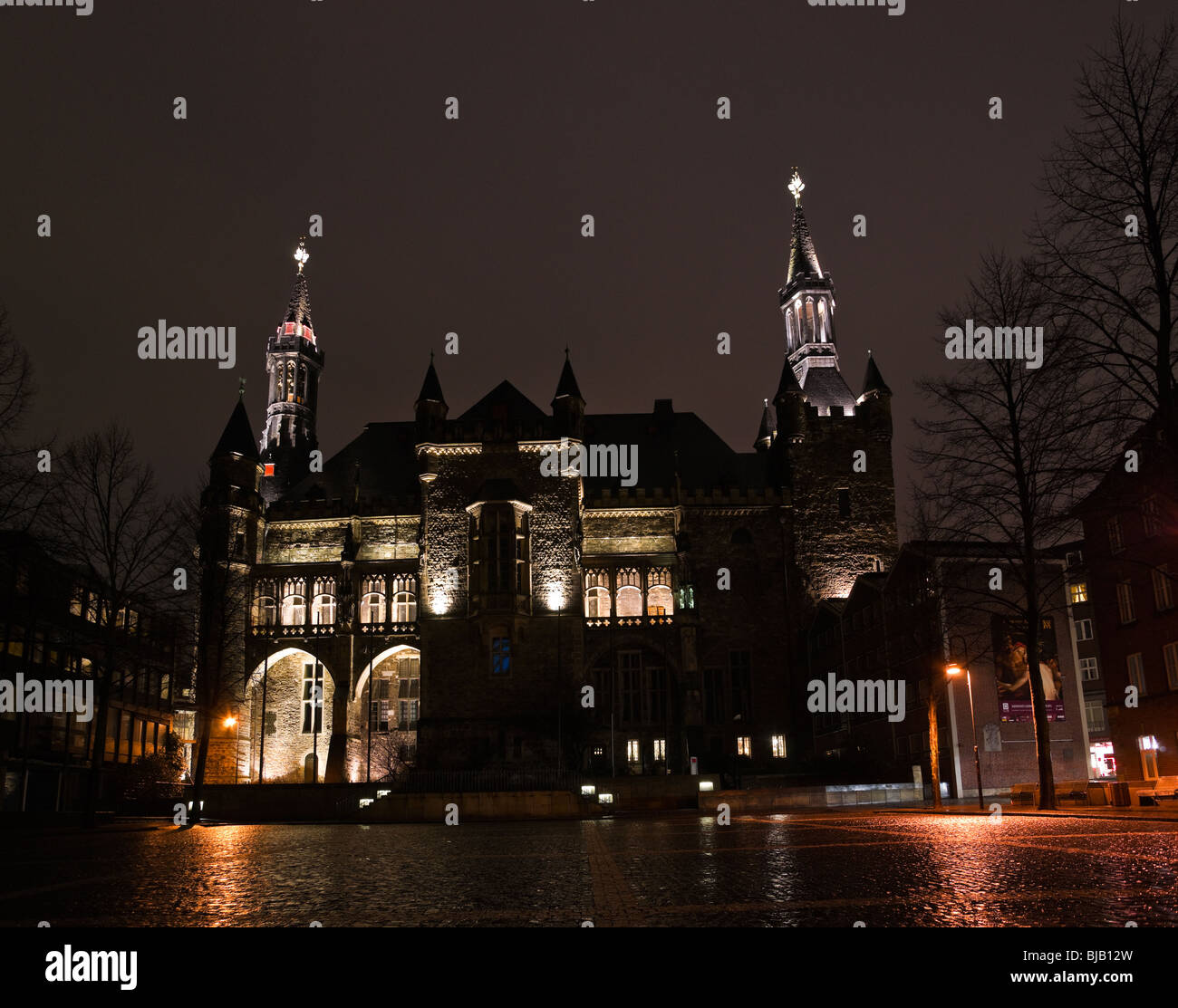 Rathaus in Aachen at night. North Rhine-Westphalia, Germany. Stock Photo
