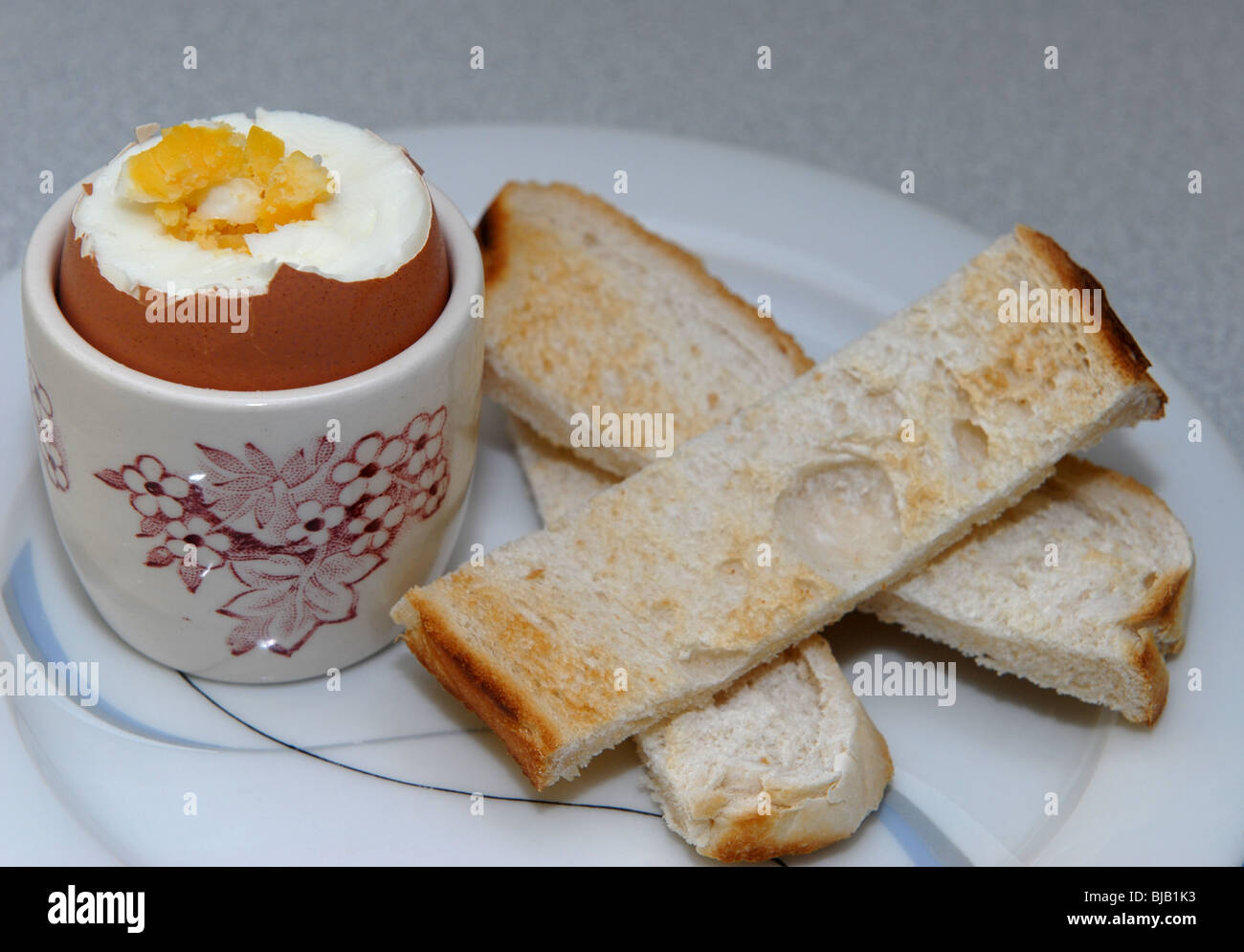 Freshly boiled egg in an egg cup served with toasted soldiers for a