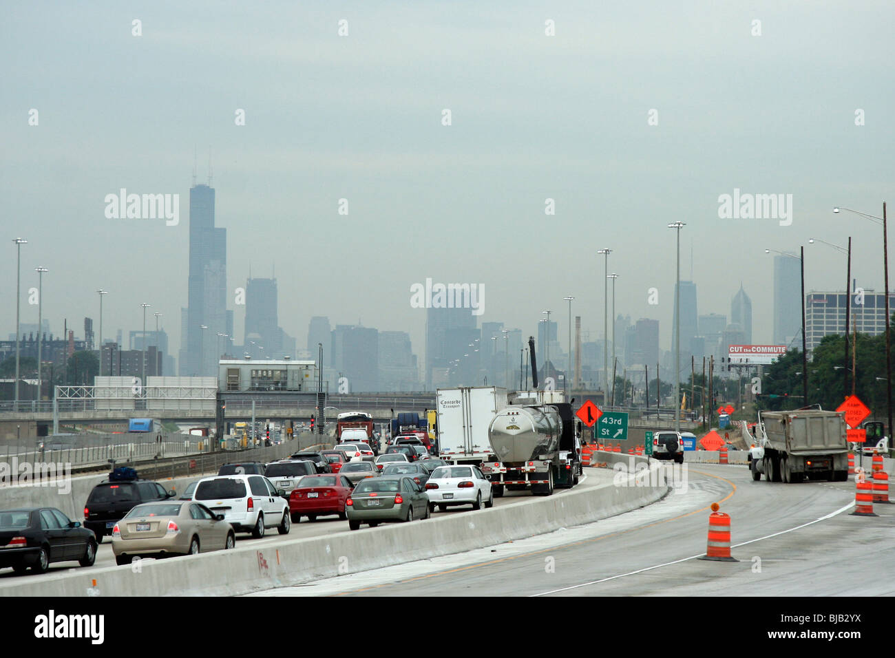 Traffic jam and road works on a highway leading to Chicago Downtown