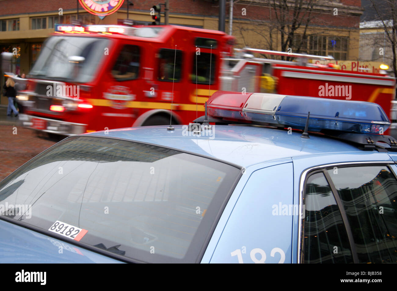 Seattle Police Department car and Seattle Fire Department truck Stock Photo