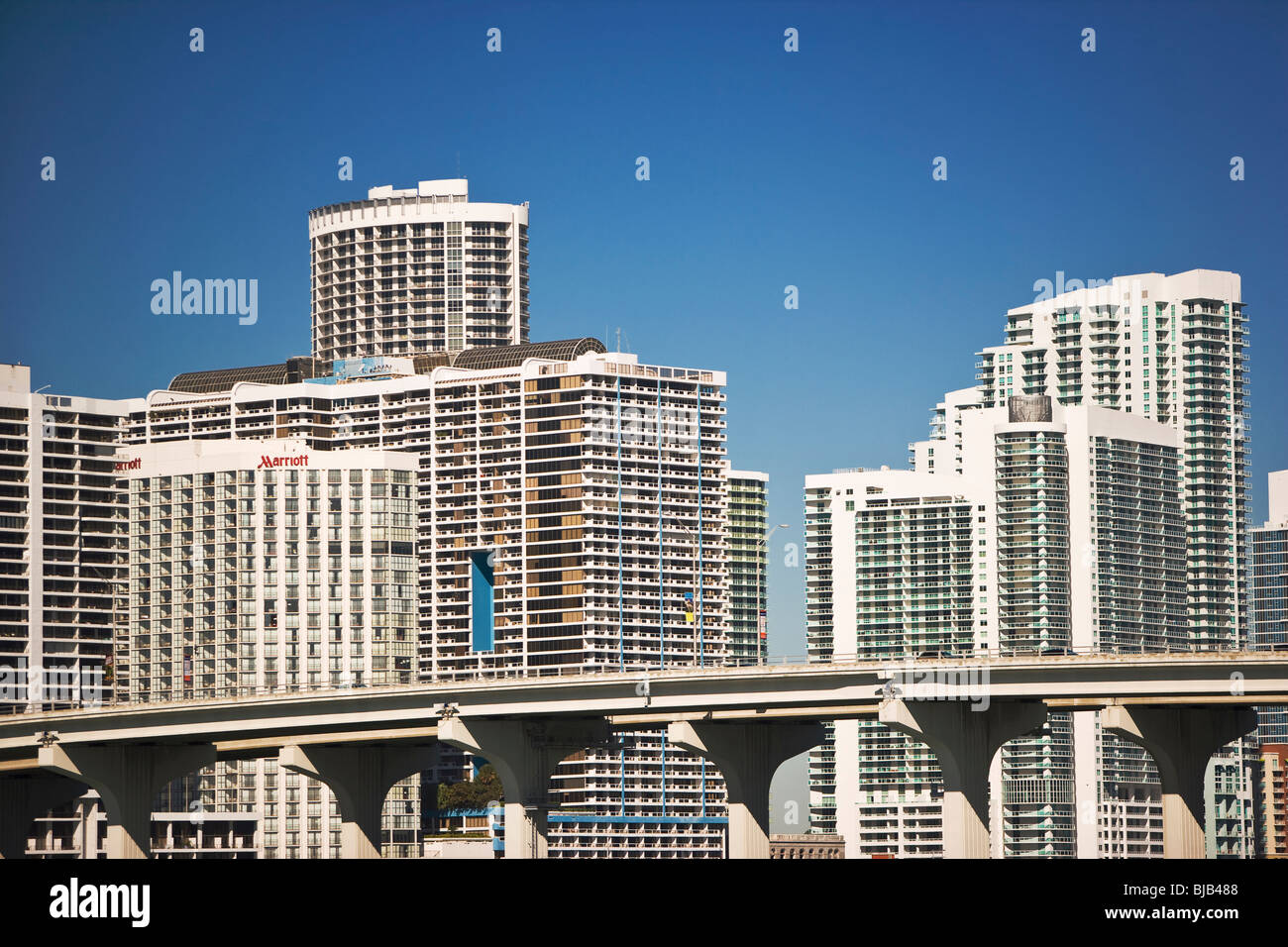 MacArthur Causeway and Miami skyline Stock Photo