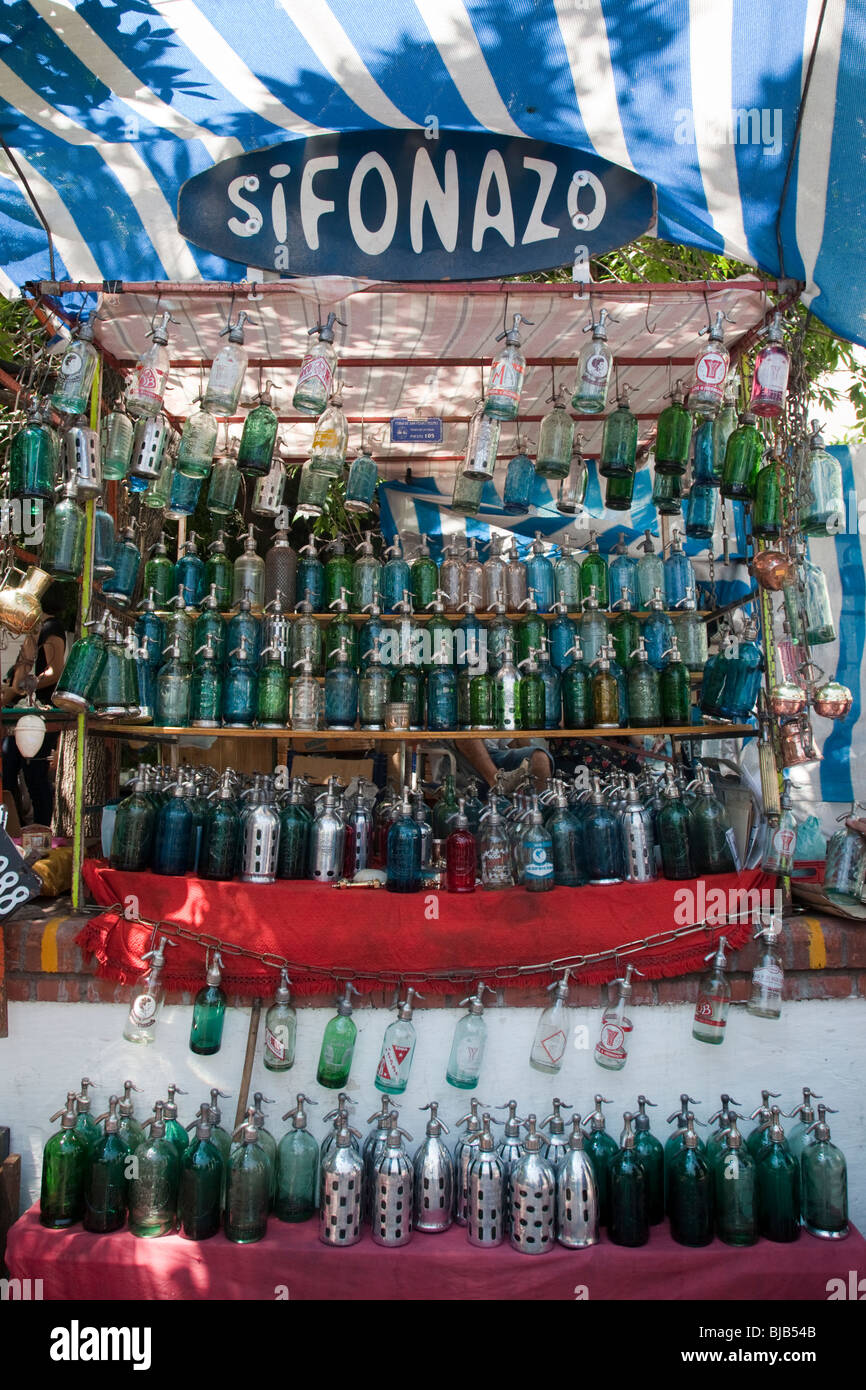 Old fashioned siphon bottles at San Telmo Market, Buenos Aires, Argentina Stock Photo