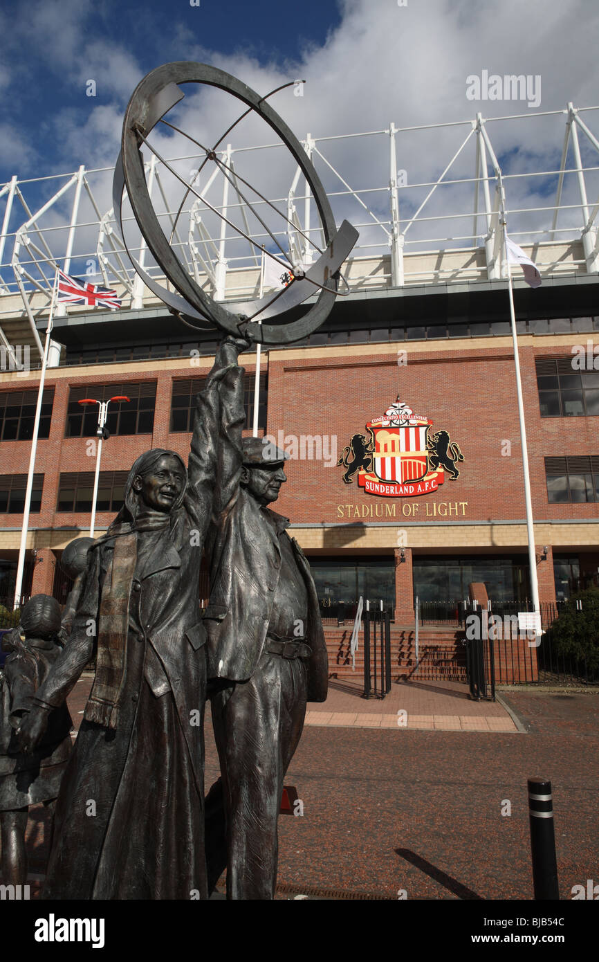 The bronze sculpture 'Fans past and present' outside the Stadium  of Light, home of Sunderland football club. England Stock Photo