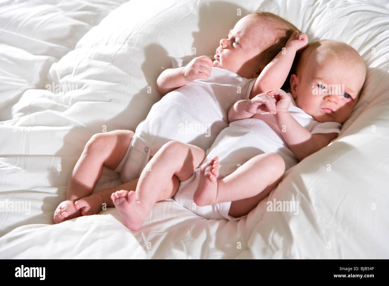 One Month Old Twins Lying Side By Side On Soft White Blanket Stock Photo Alamy