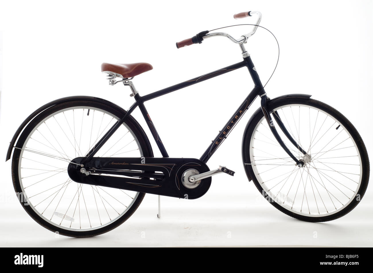 New Electra bike (Amsterdam)  with mudguards, leather seats and  handles on white background Stock Photo