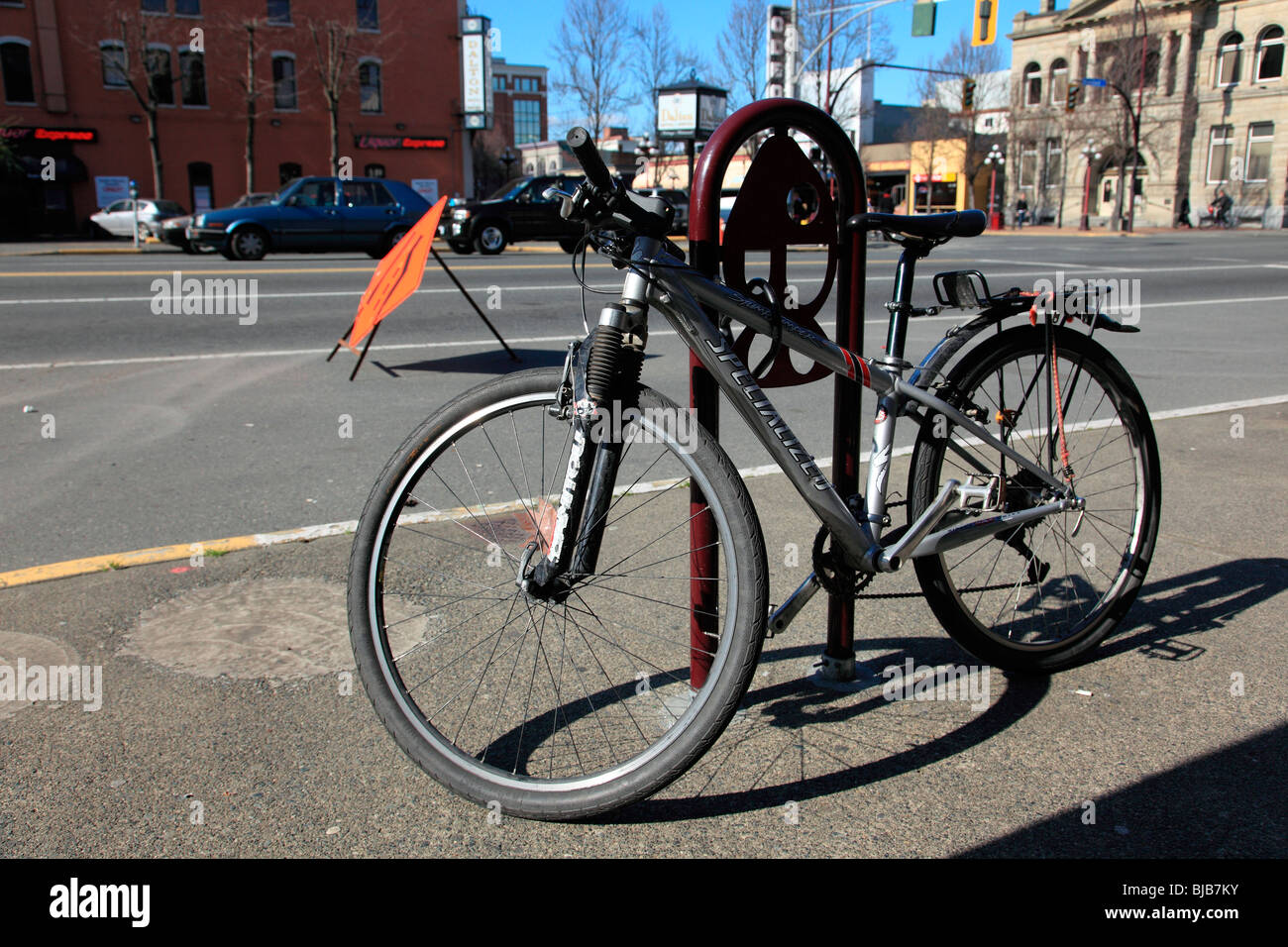 bike locked to bike rack Stock Photo