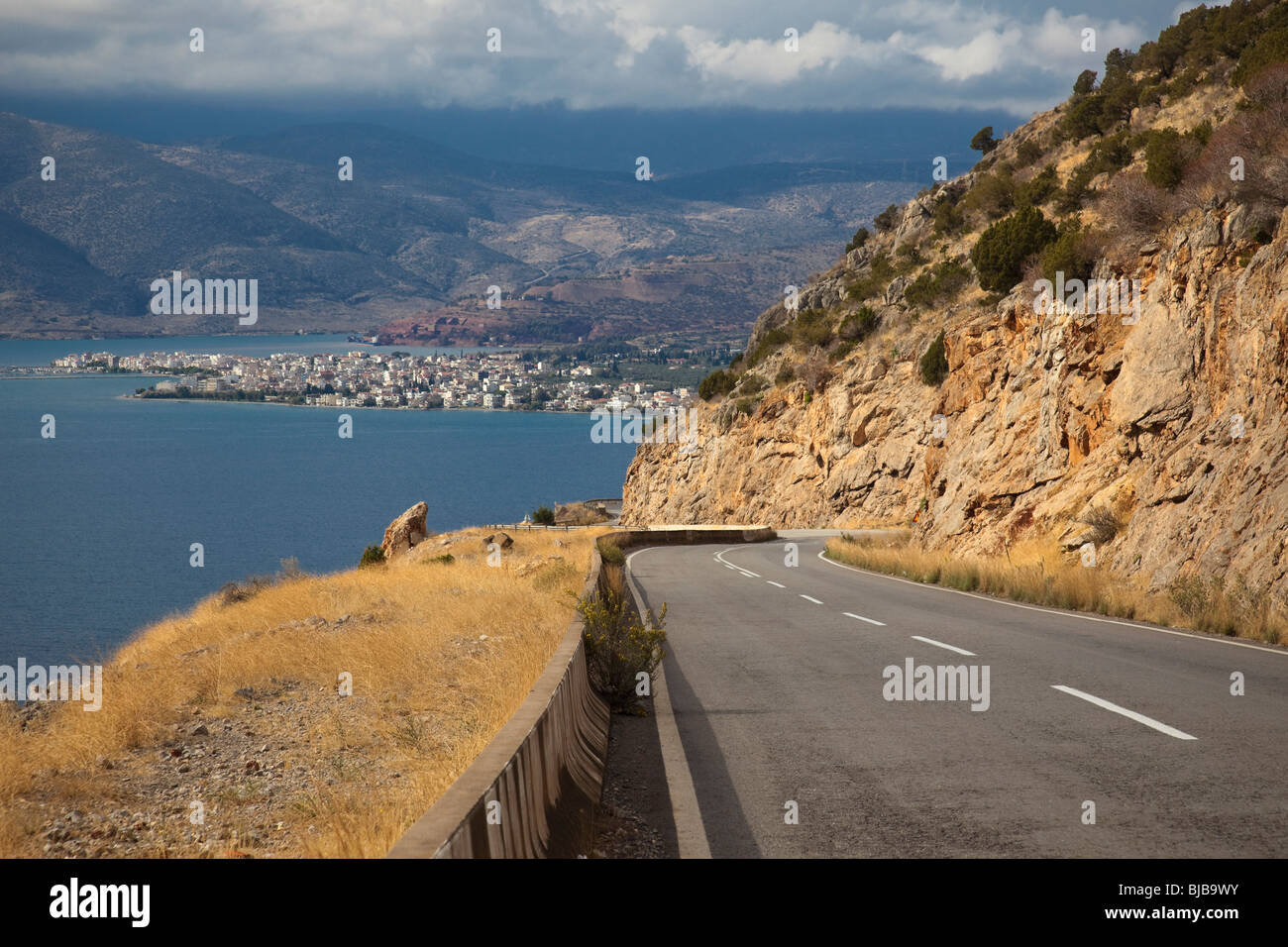 Road to Itea on Bay of Itea in Greece. Stock Photo
