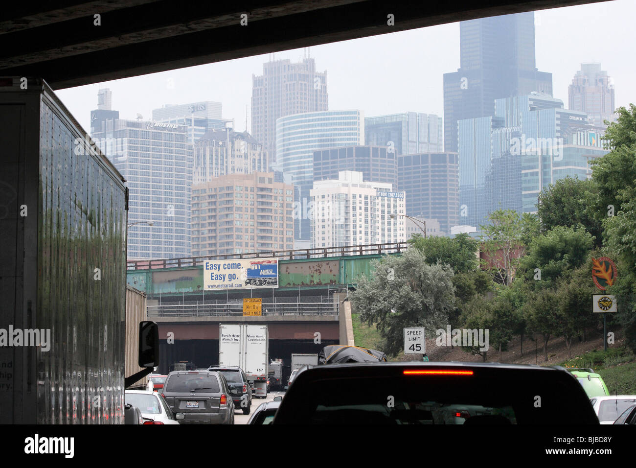 Traffic jam on a highway leading to Chicago Downtown, United States of