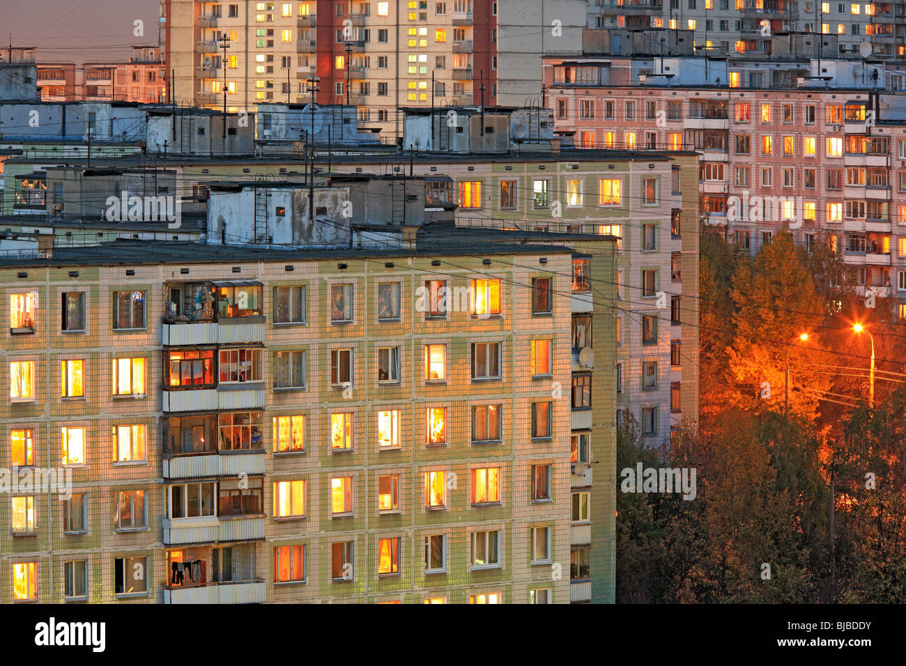 Cityscape, city, 1980s apartment buildings in the evening with