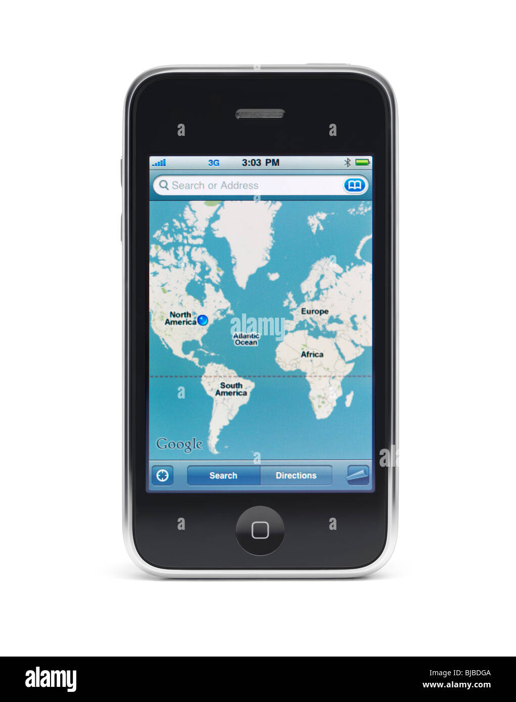 Apple iPhone 3Gs 3G smartphone displaying Google maps on the screen isolated with clipping path on white background Stock Photo