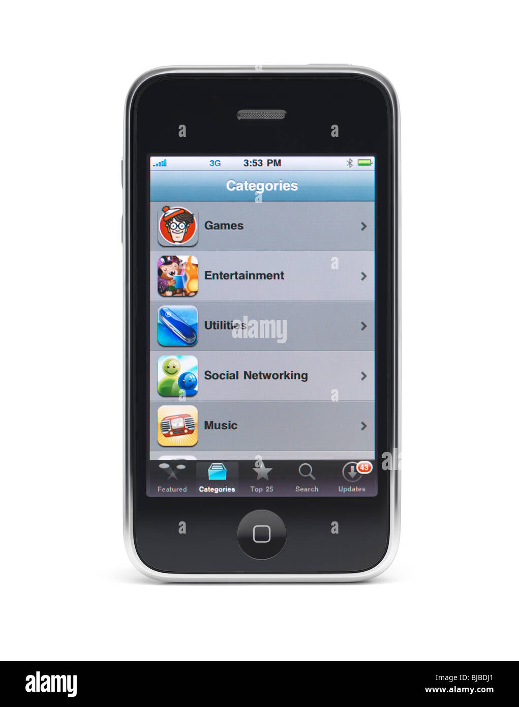 Apple iPhone 3Gs 3G smartphone displaying application menu on the screen isolated with clipping path on white background Stock Photo