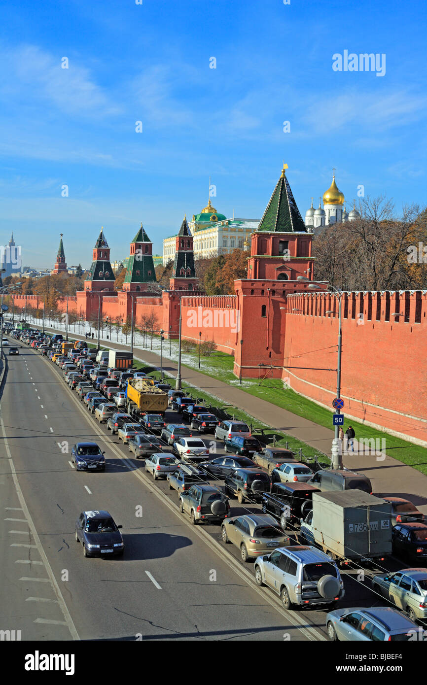 City architecture, view of red wall of Kremlin from embankment of Moskva river, Moscow, Russia Stock Photo