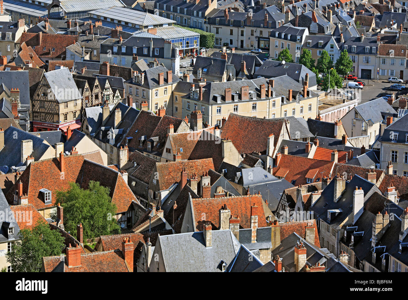 View of city of Bourges from the tower of Bourges Cathedral, roofs of ...