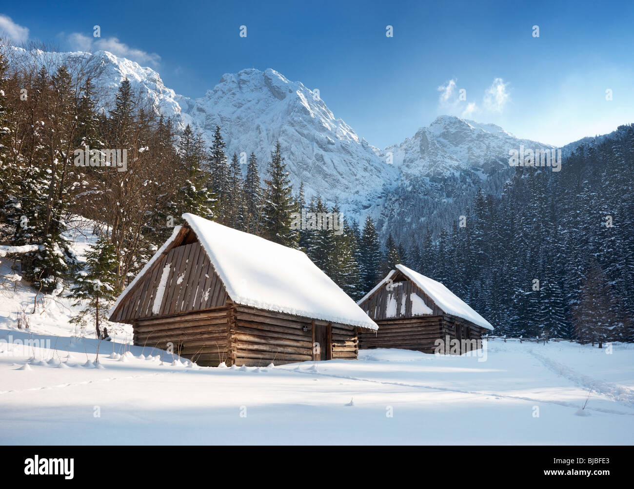Winter mountain landscape with blue sky, Tatra Mountains, Poland Stock Photo