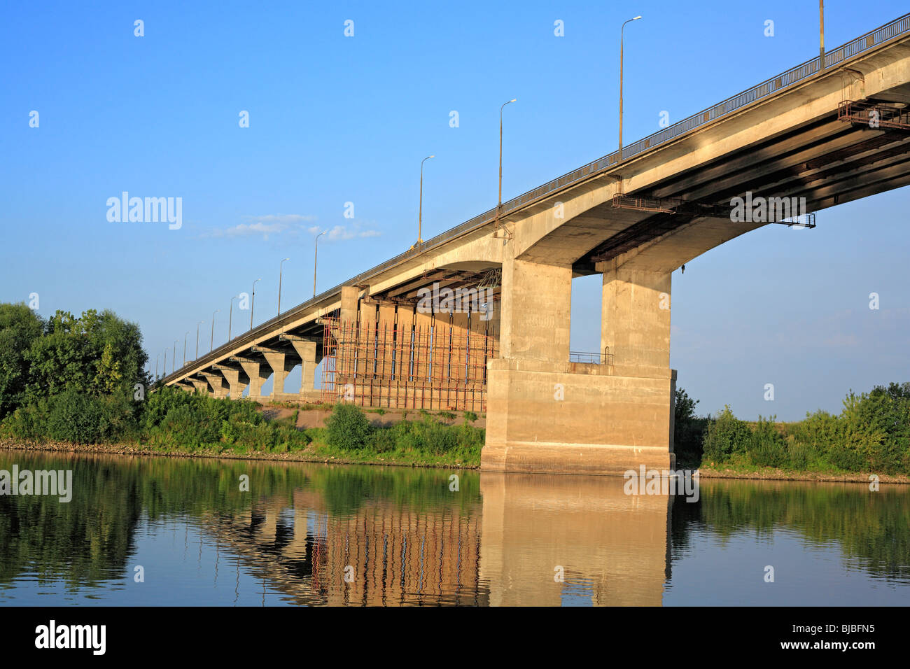 Transport bridge over Oka river and reflections, Ryazan region, Russia Stock Photo