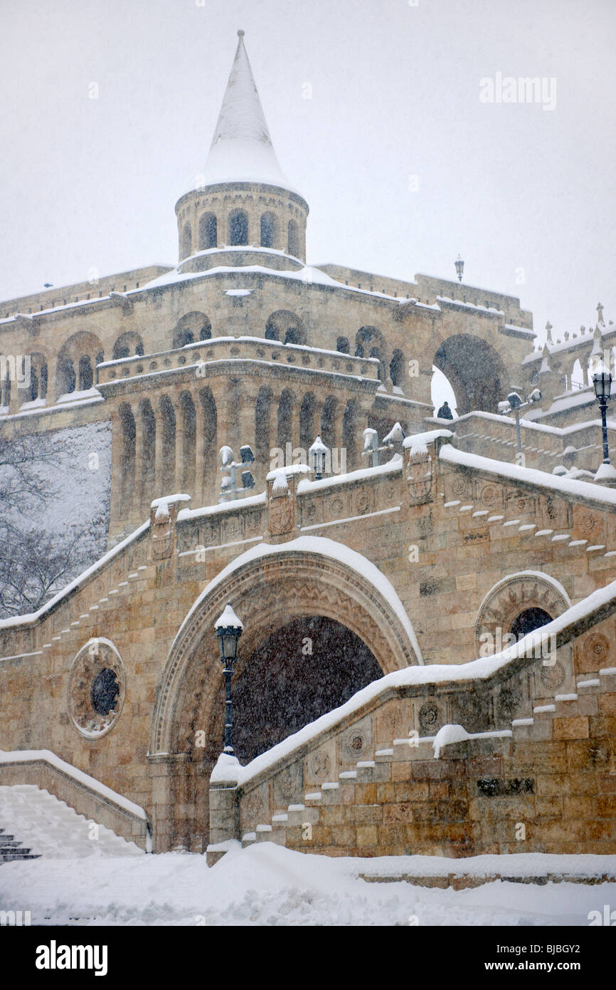 Fisherman's Bastion in the winter snow. Castle district Budapest stock photos Stock Photo