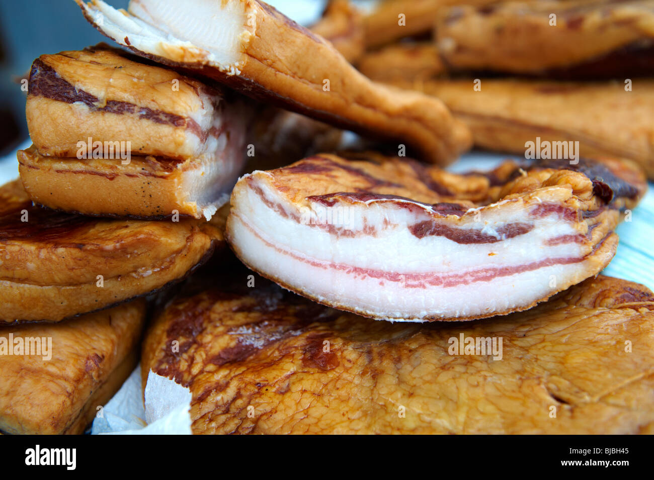 Hungarian Mangalicsa (Mangalitsa) smoked fat pig meat products. Food photos. Stock Photo