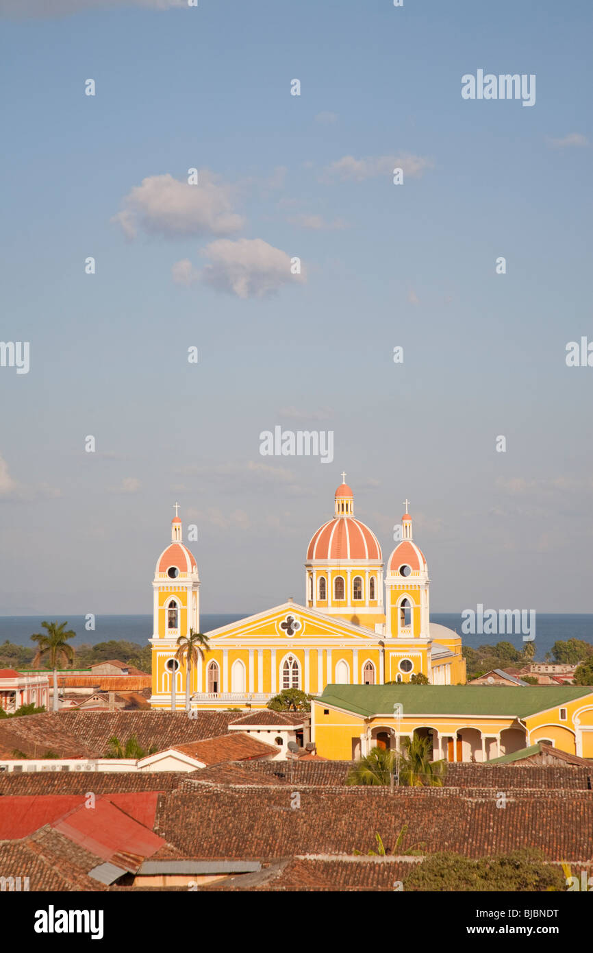 The Cathedral of Granada and Lake Nicaragua in the background, Granada Nicaragua Stock Photo